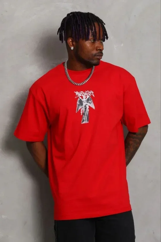 Erkek Baskılı T-Shirt Kısa Kol Bisiklet Yaka Regular Fit Rahat Kalıp Günlük Tişört - Kırmızı