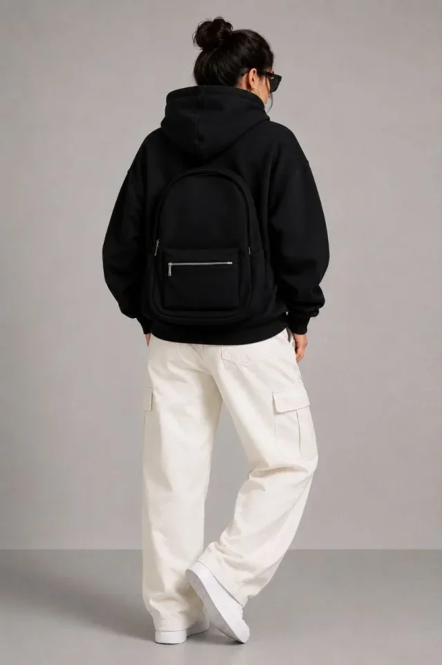 3 İplik Şardonlu Tam Fermuarlı Kapüşonlu Arka Çanta Detaylı Sweatshirt - Siyah görsel 4
