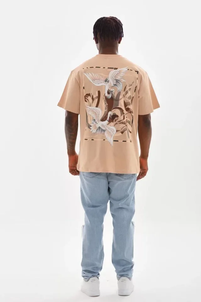 Unisex Baskılı Oversize T-Shirt - Bej görsel 2