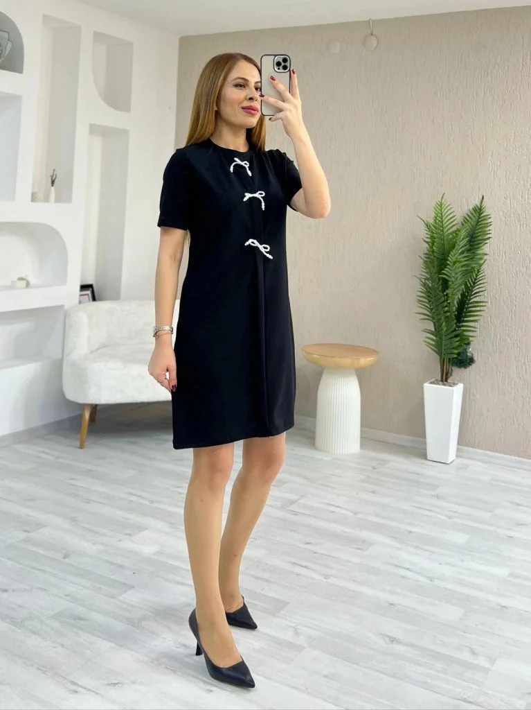Kadın Kısa Kollu Bisiklet Yaka önden Fiyonk Detaylı Ithal Krep Elbise görsel 6