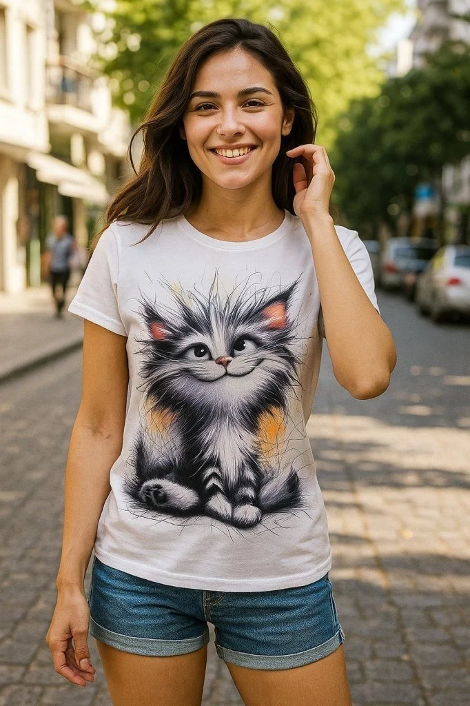 Kadın Kısa Kollu Bisiklet Yaka Kedi Baskılı Süprem Bluz görsel 2