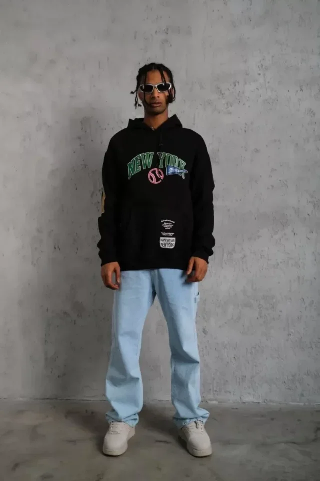 Erkek Baskılı Kapüşonlu Sweatshirt - Siyah görsel 4