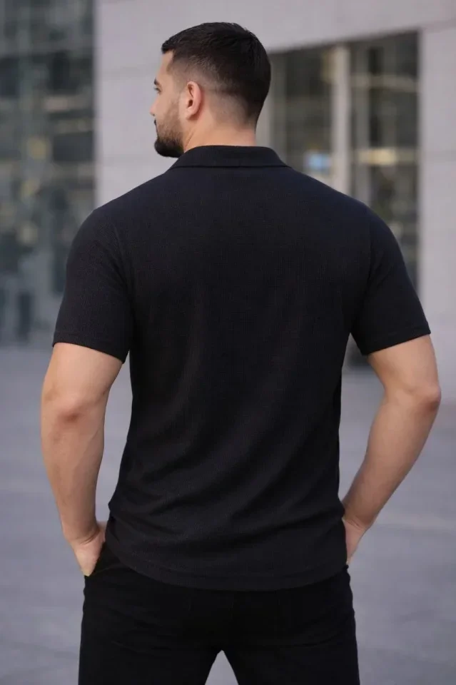 Erkek Waffle Kumaş Kısa Kollu Düğmeli Açık Yaka Regular Fit Gömlek - Siyah görsel 2