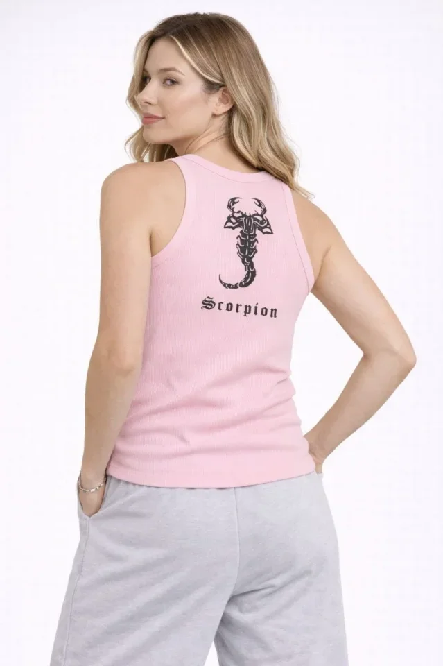 Fitilli Atlet Sıfır Yaka Slim Fit Arka Baskılı Spor Atlet - Pembe görsel 3