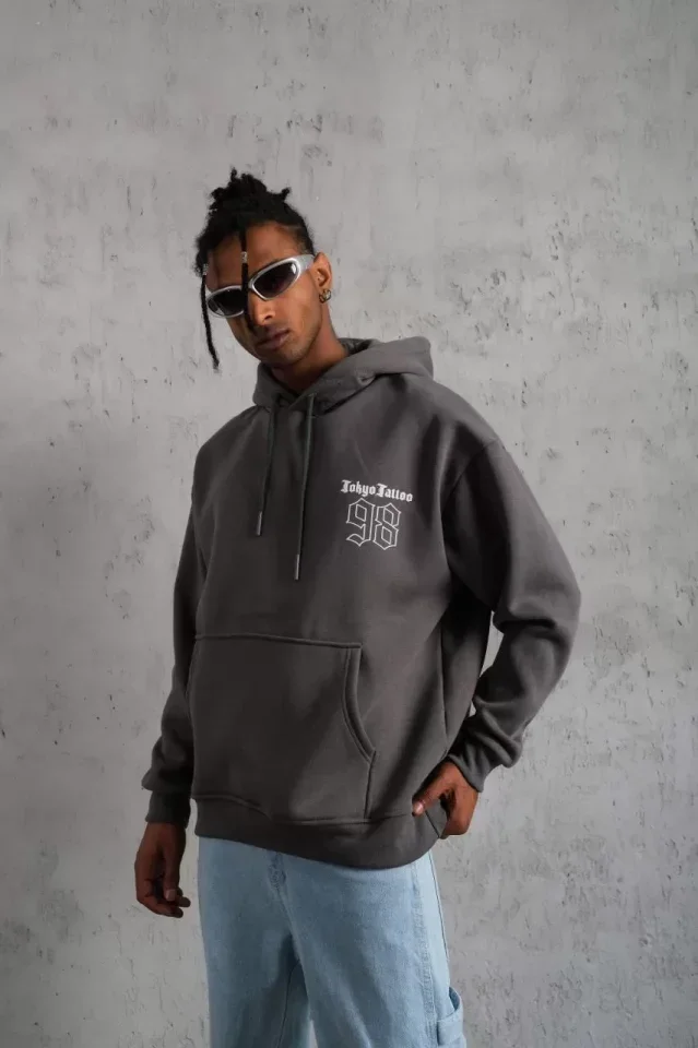 Erkek 98 Baskılı Kapşonlu Sweat - Gri görsel 2