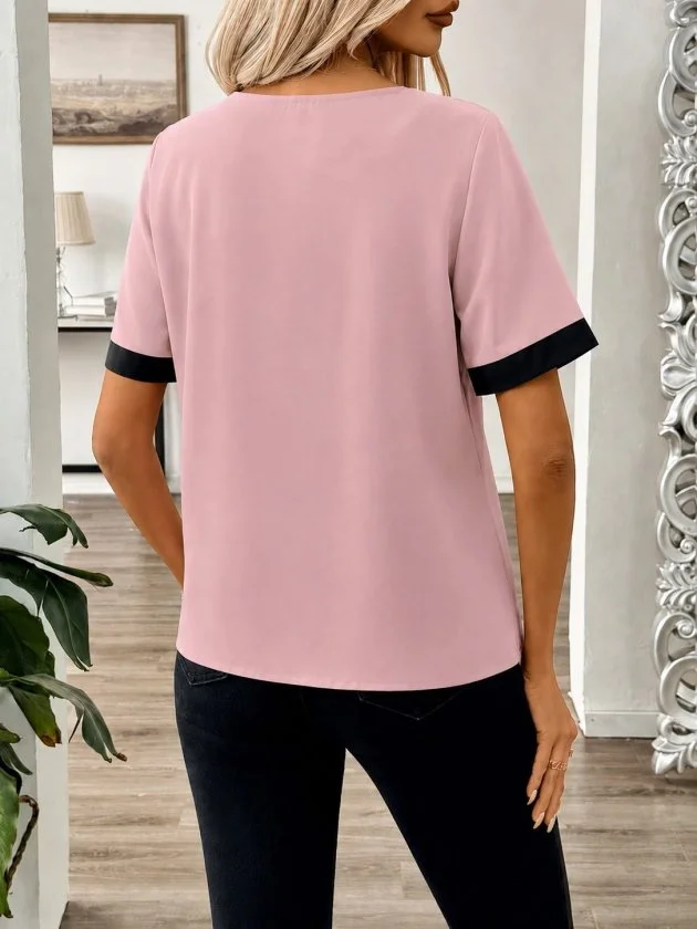 Kadın Kısa Kollu Asımetrik Yaka Detaylı Düğmeli Dubai Bluz görsel 4