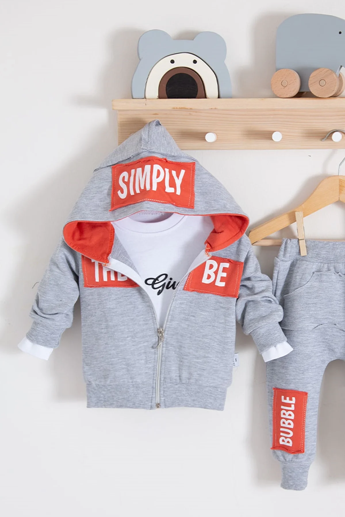 Simply Desenli Kapişonlu 3'lü Erkek Bebek Takımı görsel 2