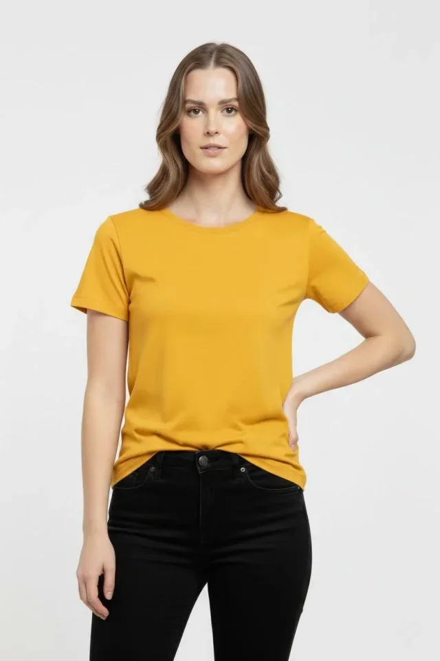 T-Shirt Bisiklet Yaka Slim Fit Likralı Tişört Günlük Basic Body - Sarı görsel 3