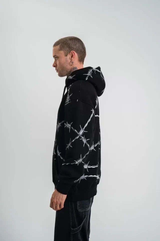 POLIZEI Premium Kalite Kapşonlu Varak Ve Pano Baskılı SweatShirt - Siyah görsel 3