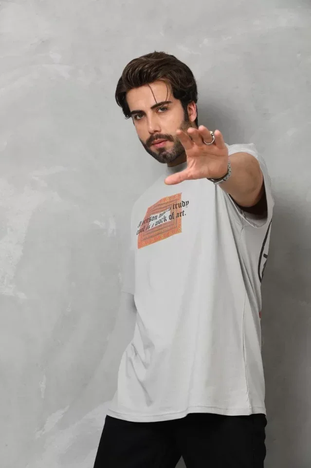 Unisex Bisiklet Yaka Baskılı Oversize T-Shirt - Gri görsel 3