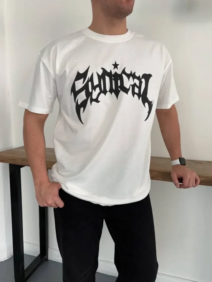 Erkek Bisiklet Yaka Ön Baskılı Kısa Kollu Tişört Streetwear Günlük Basic Pamuklu T-shirt - Beyaz