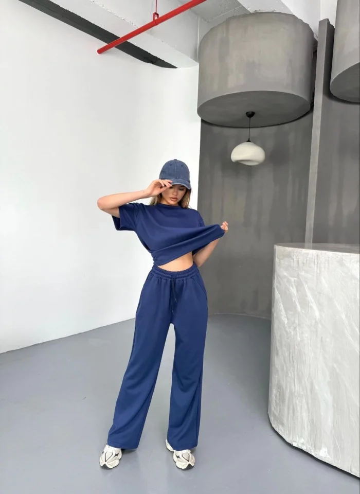 Osy Modal Yumuşak Dokulu Kumaş Kısa Kollu Bluz Rahat Pantalon Ikili Takım- Lacivert görsel 3