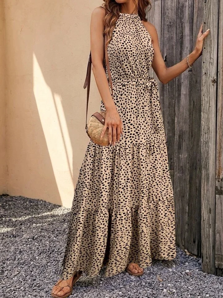 Kadın Kolsuz Halter Yaka Beli Lastiklileopar Desenli Mikro Elbise görsel 3
