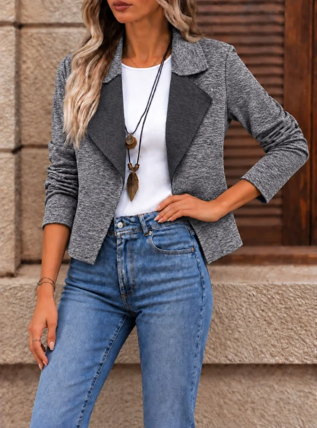 Kadın Kontrast Yaka Desenli Kısa Blazer / Ceket görsel 2