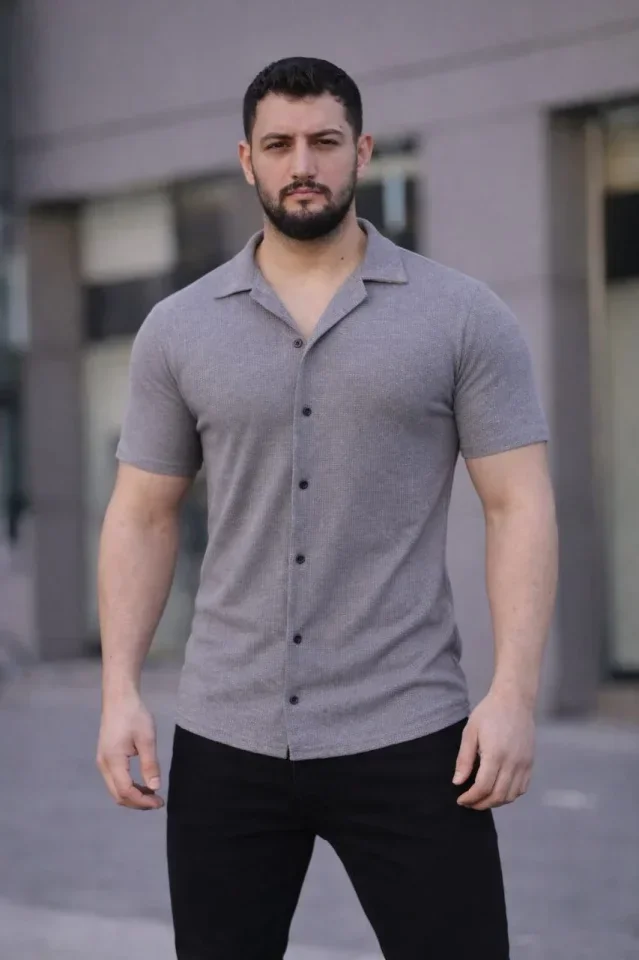 Erkek Waffle Kumaş Kısa Kollu Düğmeli Açık Yaka Regular Fit Gömlek - Gri görsel 4