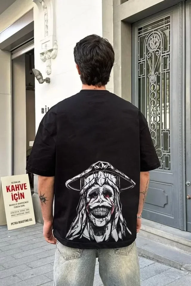 Unisex Bisiklet Yaka Baskılı Oversize T-Shirt - Siyah görsel 2