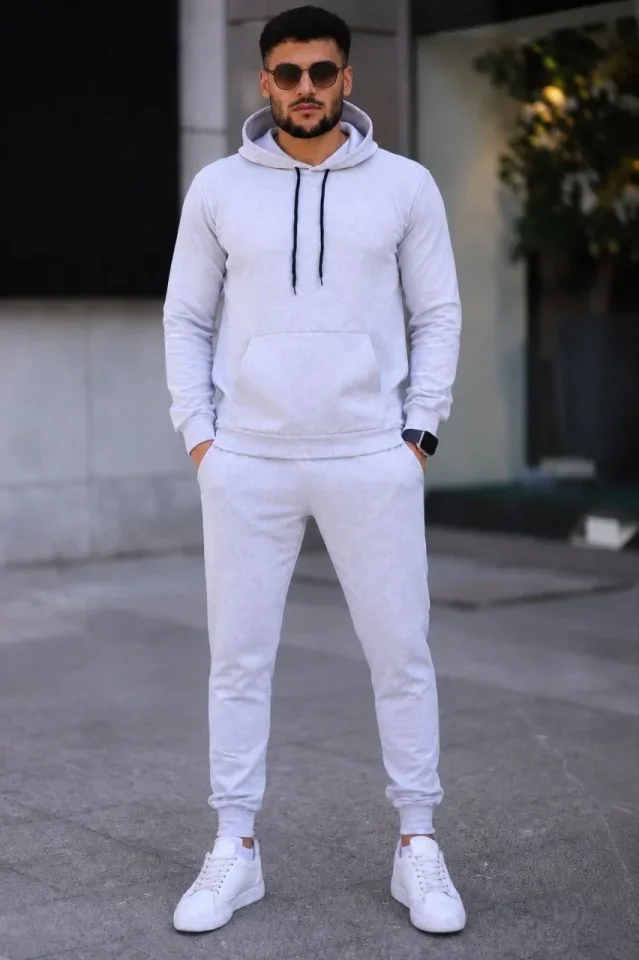 Erkek İki İplik Kapüşonlu Kanguru Cepli Sweatshirt Jogger Pantolon Alt Üst Eşofman Takımı -Beyaz görsel 3