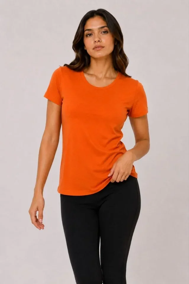 Basic Tişört Bisiklet Yaka Kısa Kol Günlük Yazlık Slim Fit T-Shirt - Turuncu görsel 2
