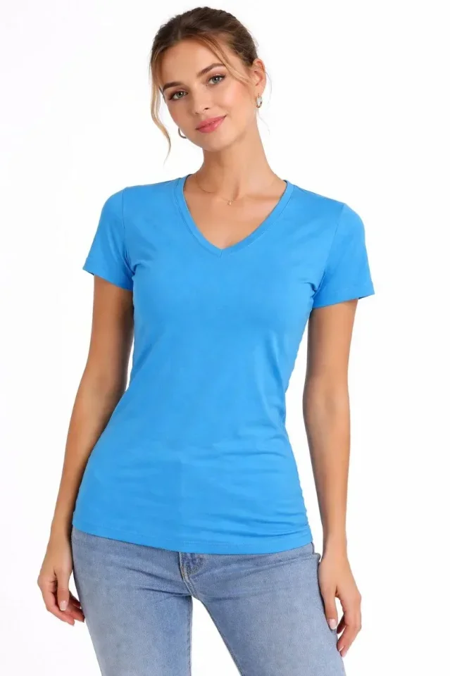 T-Shirt V Yaka Slim Fit Likralı Tişört Günlük Basic Body - Açık Mavi görsel 4