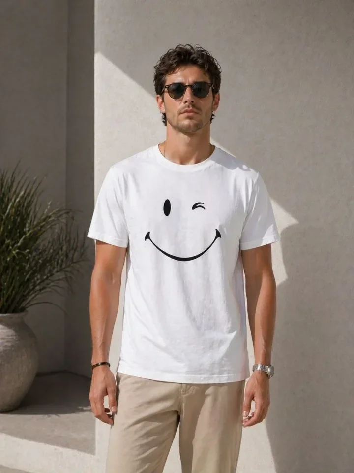 Erkek Minimal Gülümseyen Yüz Baskılı Tişört Kısa Kol Yazlık T-Shirt - Beyaz görsel 3