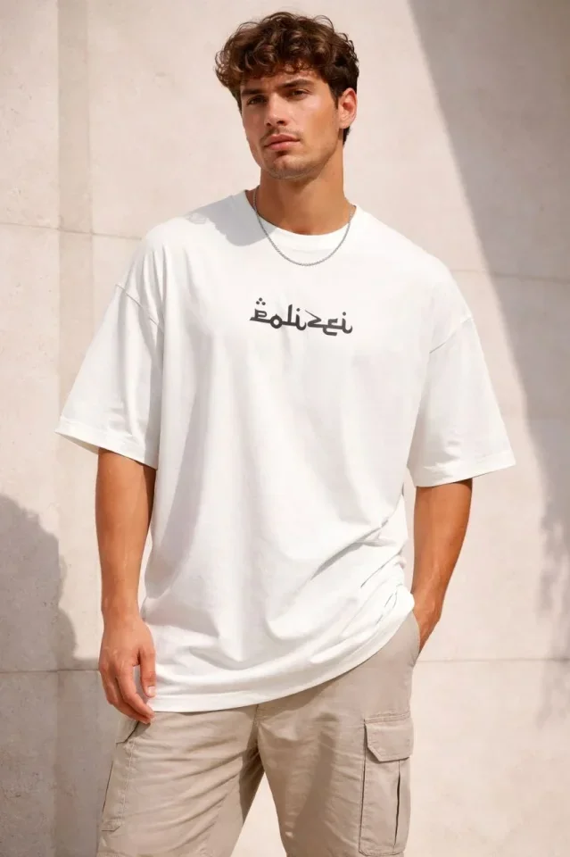 Erkek Bisiklet Yaka Baskılı Kısa Kollu Tişört Streetwear Günlük Basic Pamuklu T-shirt - Beyaz görsel 3