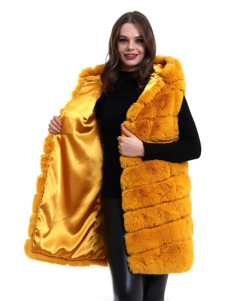 Kapşonlu Peluş Kürk Yelek Premium Kalite, Tam Astarlı, Uzun Model - Sarı görsel 3