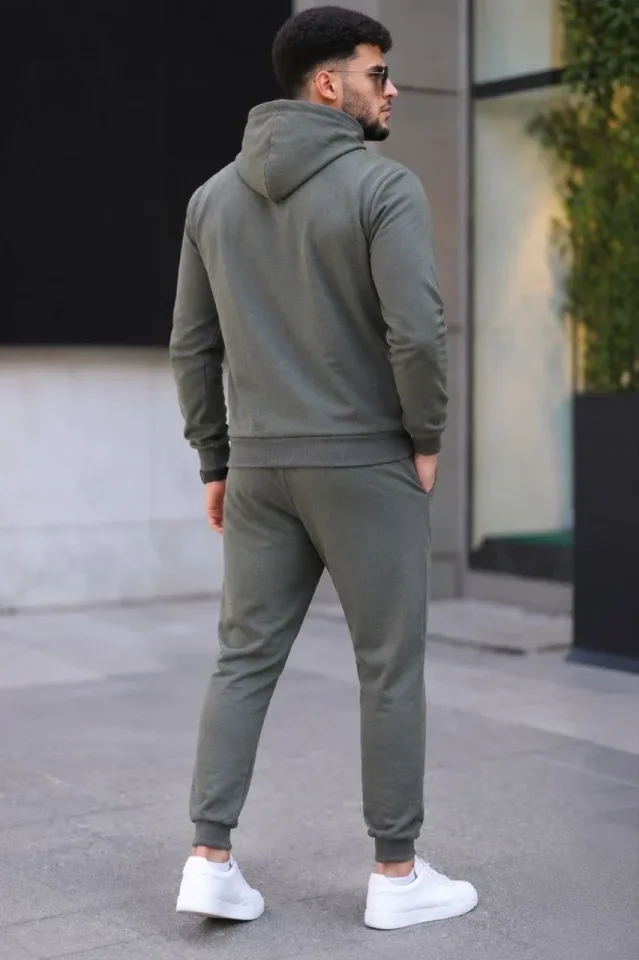 Erkek İki İplik Kapüşonlu Kanguru Cepli Sweatshirt Jogger Pantolon Alt Üst Eşofman Takımı - Haki görsel 3