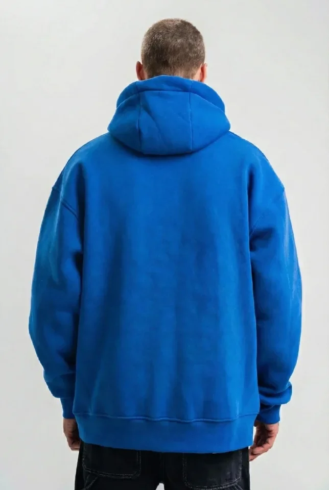 Erkek Saks Mavi Double Oversize 3 İplik Pamuklu Kapüşonlu Kanguru Cepli Sweatshirt Hoodie - Saks Mavi görsel 2