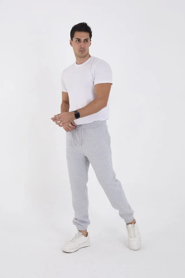 Unisex Kışlık Üç İplik Lastikli Eşofman Pantolon - Gri görsel 4