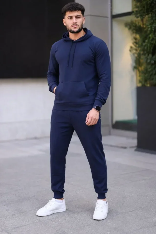 Erkek İki İplik Kapüşonlu Kanguru Cepli Sweatshirt Jogger Pantolon Alt Üst Eşofman Takımı - Lacivert görsel 3