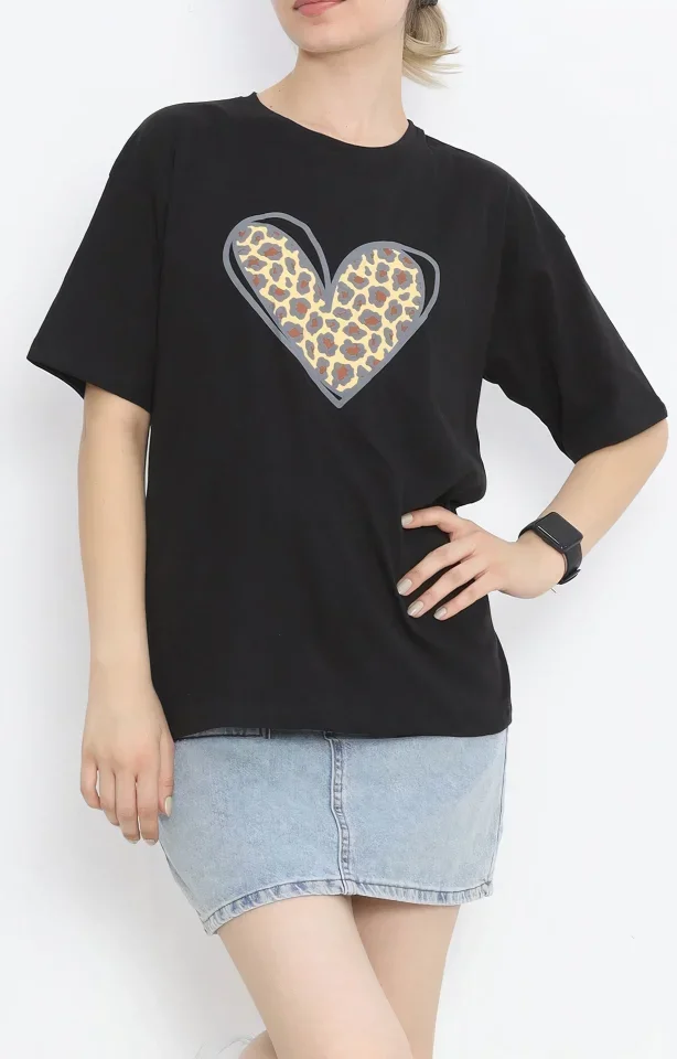 14 Şubat Sevgililer Günü Leopar Kalp Baskılı Oversize Bisiklet Yaka T-shirt - Siyah görsel 3