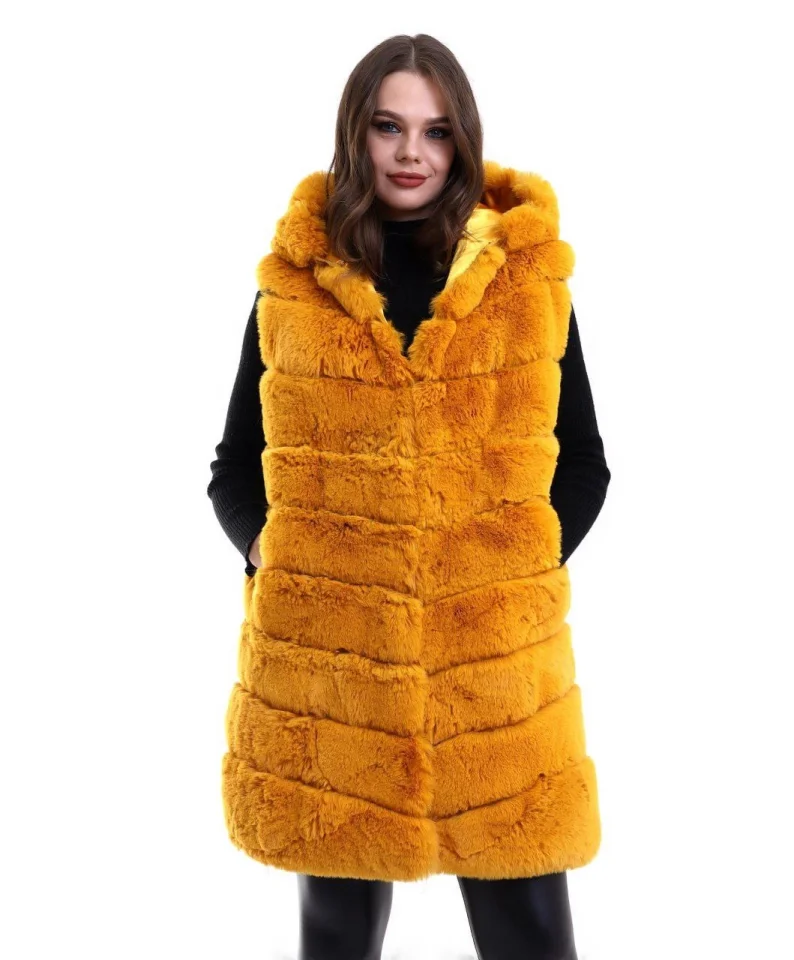 Kapşonlu Peluş Kürk Yelek Premium Kalite, Tam Astarlı, Uzun Model - Sarı görsel 4