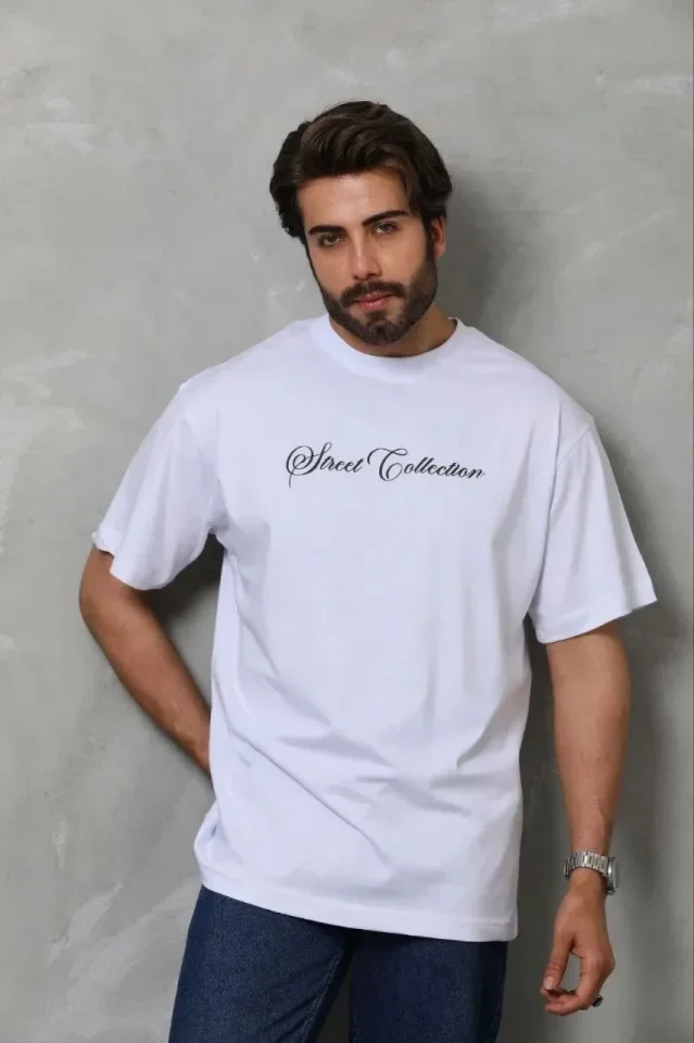 Erkek Baskılı T-Shirt Kısa Kol Bisiklet Yaka Regular Fit Rahat Kalıp Günlük Tişört - Beyaz görsel 4