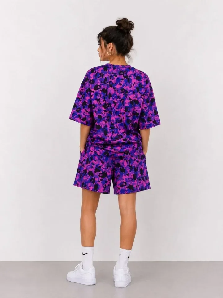 Oversize Kalıp Pubg Bape X Shark Nakışlı Cepli Şort Takım - Mor görsel 3