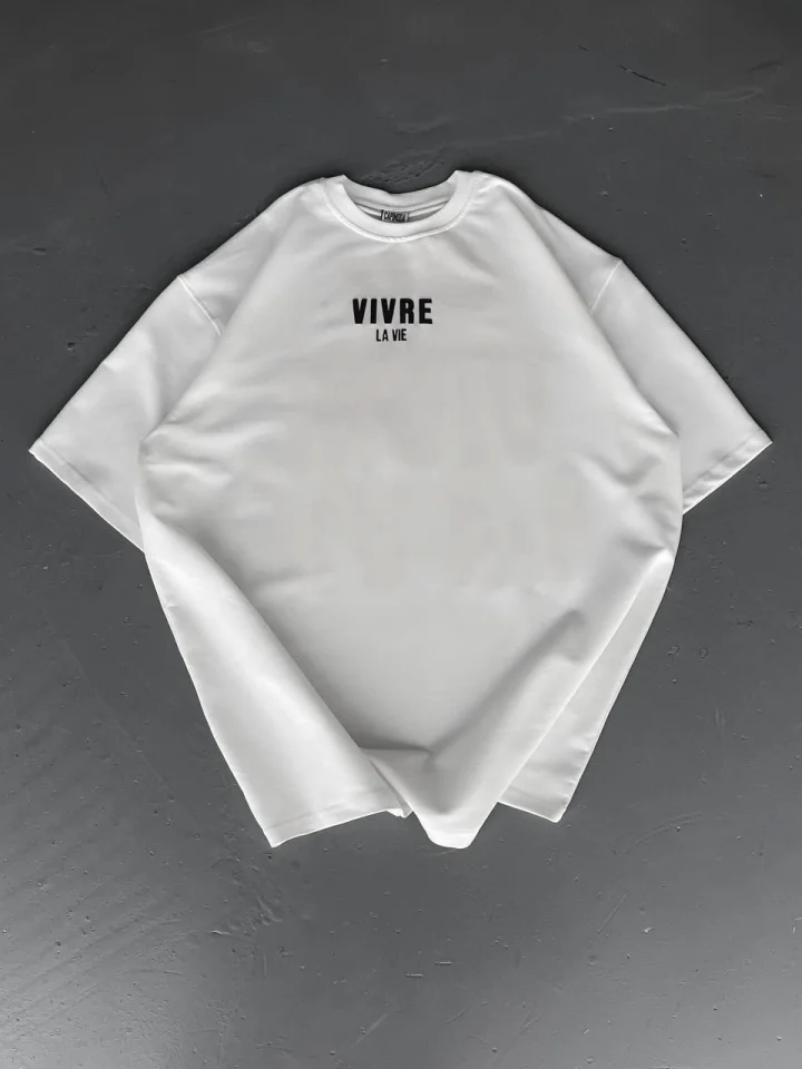 Baskılı Oversize Bisiklet Yaka T-shirt - Beyaz görsel 2