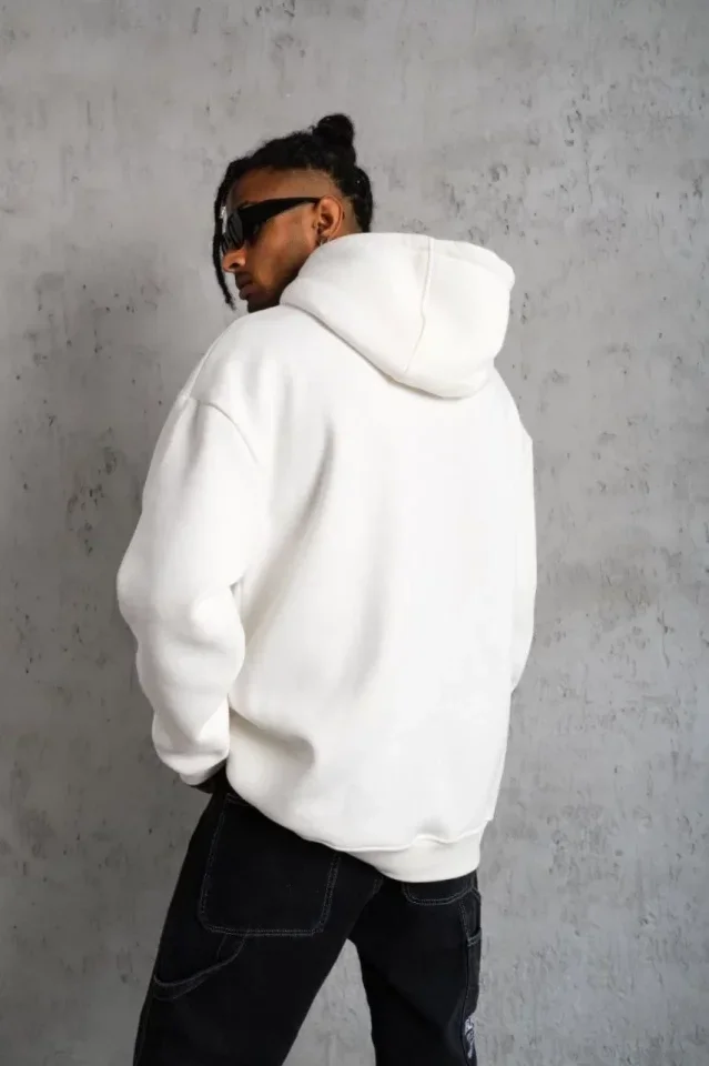 3 İplik Kapşonlu Sweatshirt Hoodie - Beyaz görsel 2