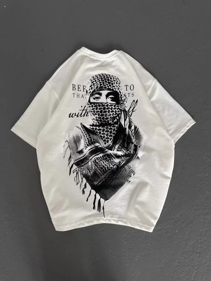 Unisex Baskılı Oversize T-Shirt - Beyaz görsel 3