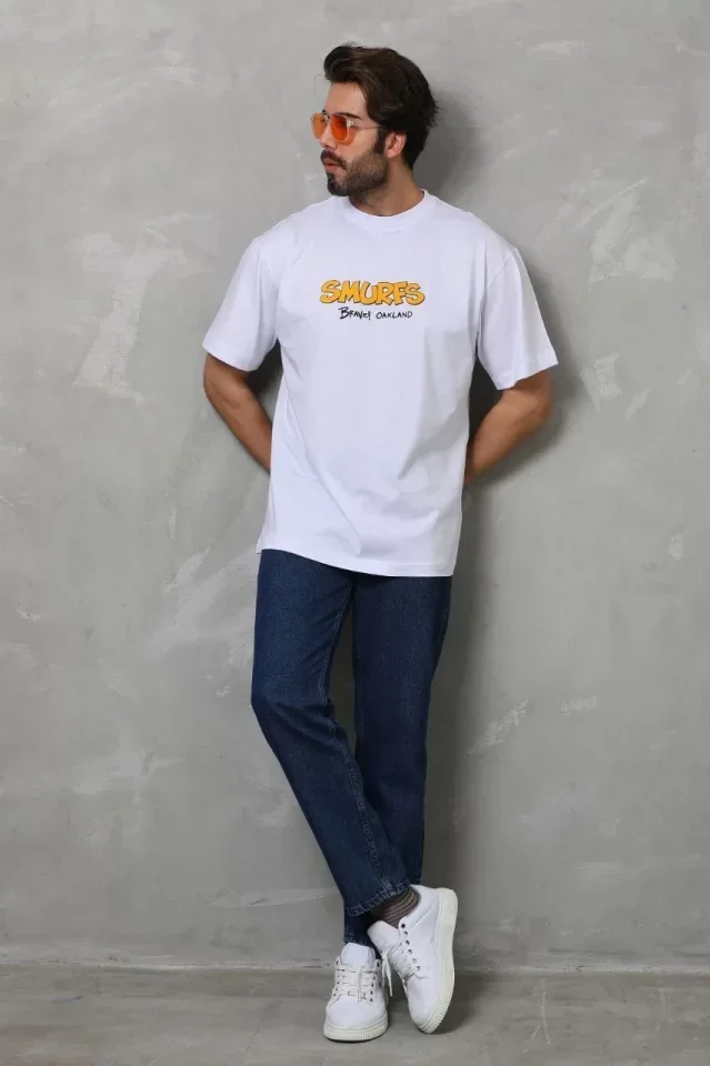 Unisex Bisiklet Yaka Baskılı Oversize T-Shirt - Beyaz görsel 4