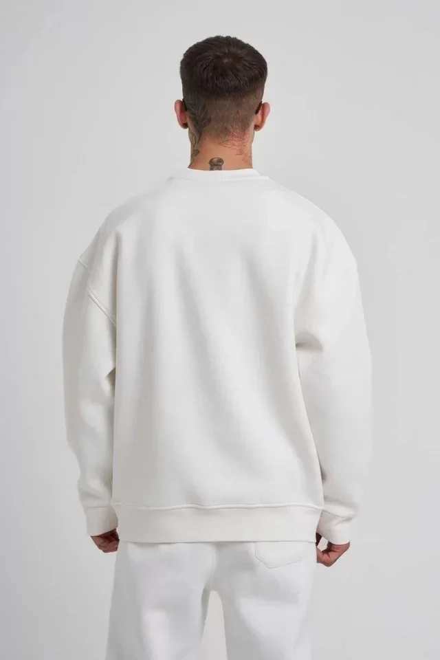 Unisex Biskilet Yaka Üç İplik SweatShirt - Beyaz görsel 3