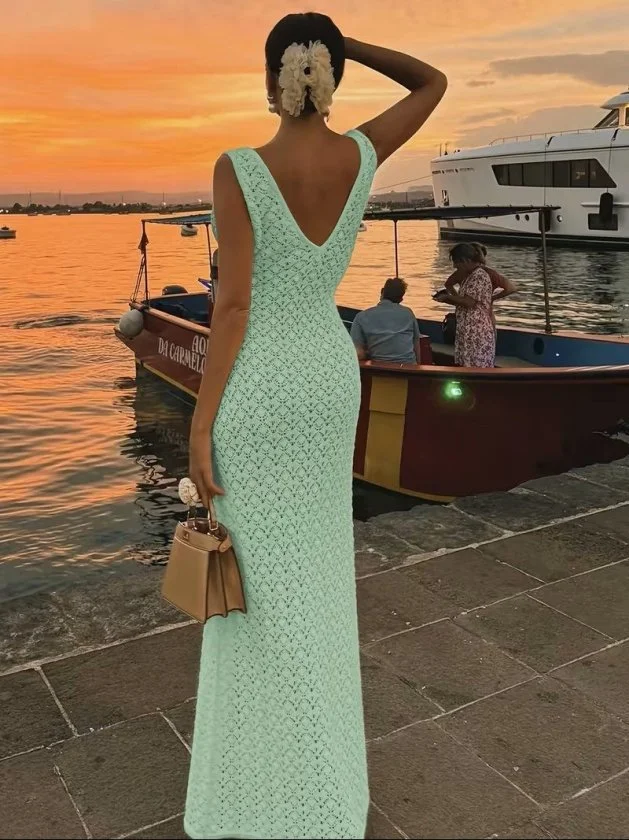 Kadın Askılı V Yakalı Uzun Triko Elbise görsel 2