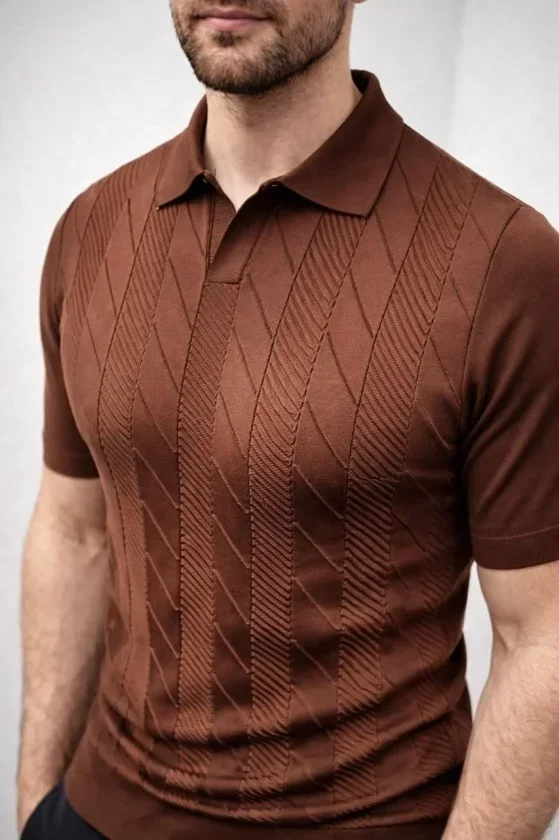 Erkek Yazlık Triko Dokuma Tişört Kısa Kol Polo Yaka T-Shirt - Kahverengi