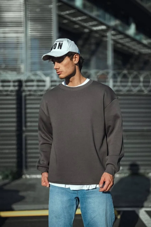 Kışlık Bisiklet Yaka Üç İplik Basic SweatShirt - Antrasit görsel 3