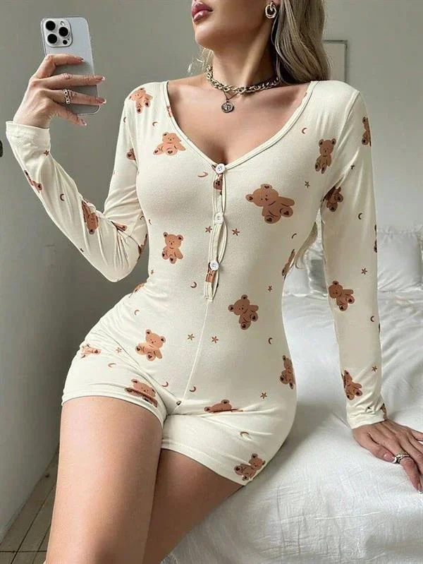 Pamuklu Ekru Ayıcık Desenli Düğmeli Tulum Pijama