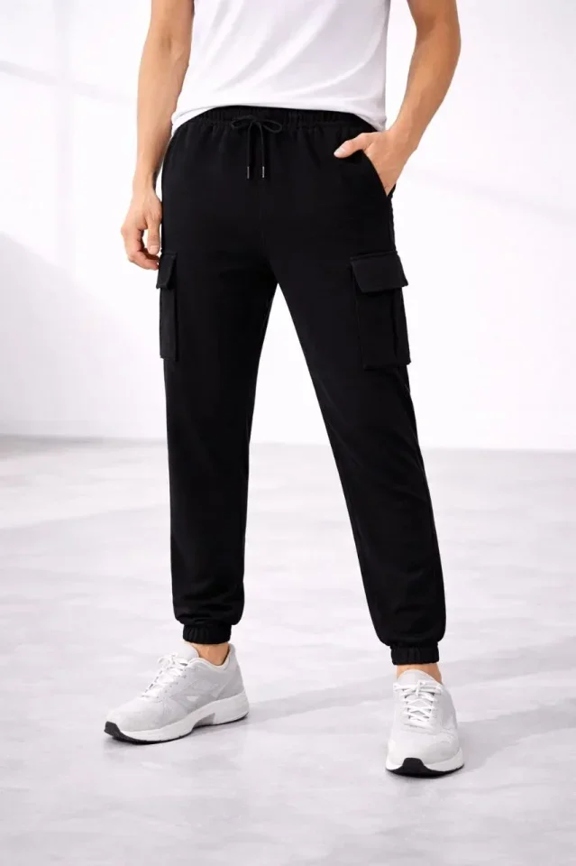 Erkek Jogger Eşofman Altı Regular Fit, Kargo Cepli, Lastikli Paça, Günlük Spor Pantolon - Siyah görsel 2
