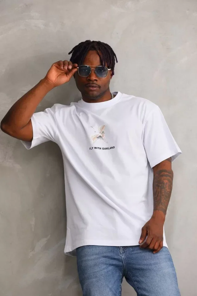 Unisex Baskılı Oversize T-Shirt - Beyaz görsel 4