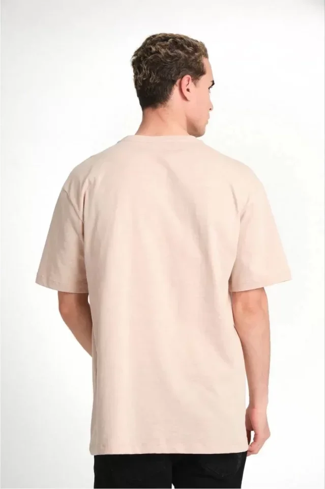 Unisex Düz Biskilet Yaka Oversize T-shirt - Bej görsel 2