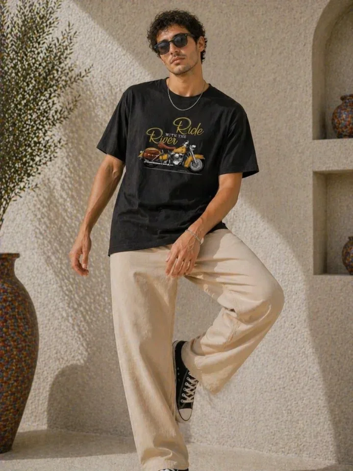 Erkek Motosiklet Baskılı Tişört Bisiklet Yaka Kısa Kol Yazlık T-Shirt - Siyah görsel 4