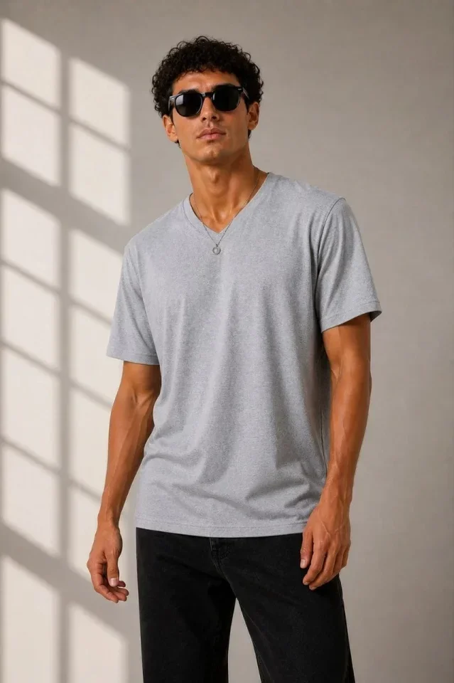 Erkek V Yaka Basic Tişört Kısa Kol Yazlık Regular Fit T-Shirt - Gri görsel 3
