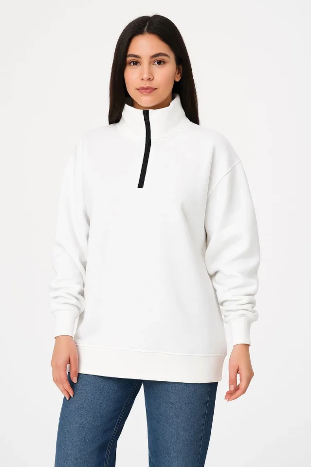 Üç İplik Dık Yaka Yarım Fermuarlı SweatShirt - Beyaz görsel 3
