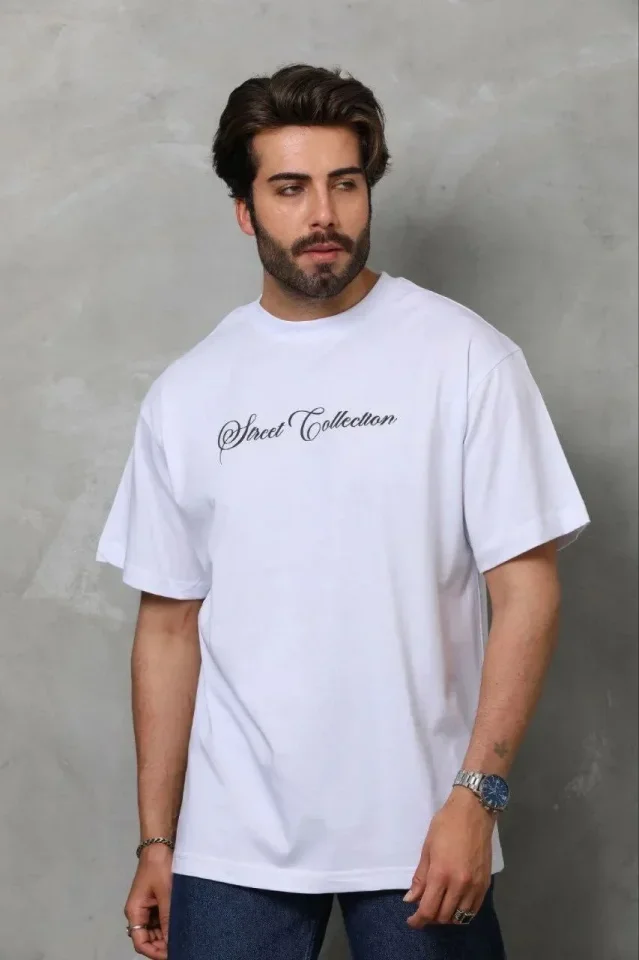 Erkek Baskılı T-Shirt Kısa Kol Bisiklet Yaka Regular Fit Rahat Kalıp Günlük Tişört - Beyaz görsel 3